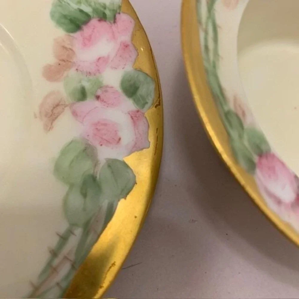 Antique Ramekin and Saucer Weimar Regency Side Dish Hand Painted Gold Rose VTG